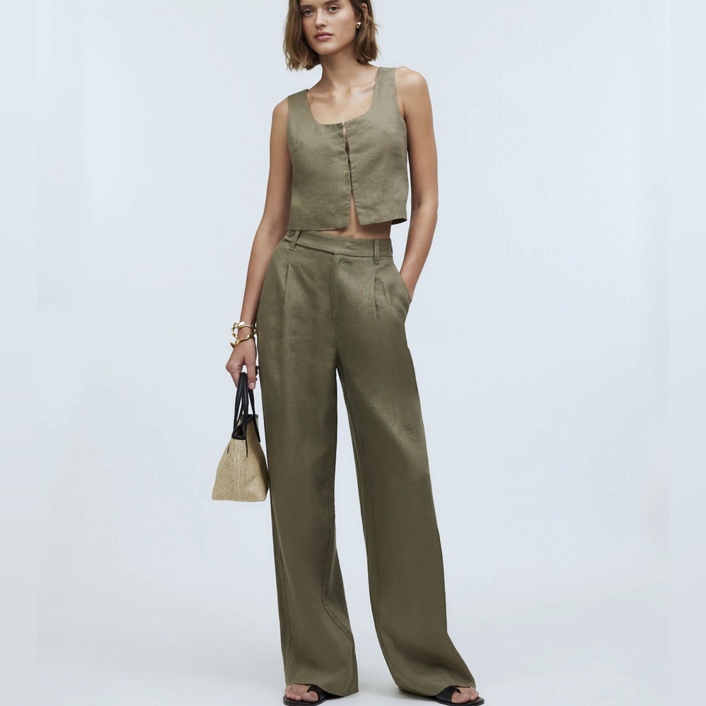 Madewell Green The Harlow Wide-Leg Pant in 100% Linen Size 2